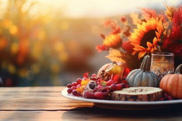 Bright background with beautiful thanksgiving decorating. Pumpkins with fruits, flowers, vegetables and leaves. AI generated - obrazy, fototapety, plakaty