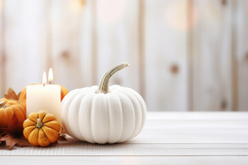 Thanksgiving white pumpkin and candle decorations on a white painted wood table. Halloween, Thanksgiving party concept. Festive fall design. AI generated - obrazy, fototapety, plakaty