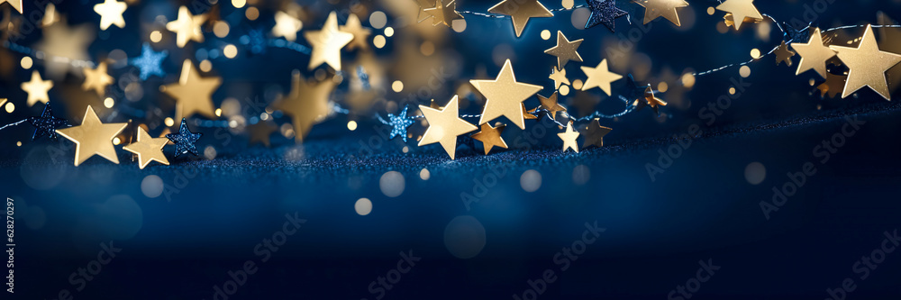 Poster abstract background with dark blue and gold particle. new year background with gold stars and sparkl