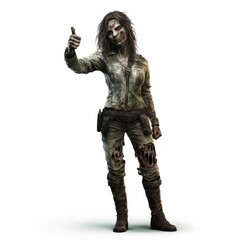 Fototapeta na wymiar Charming zombie woman giving thumbs up, on white background, Generative AI