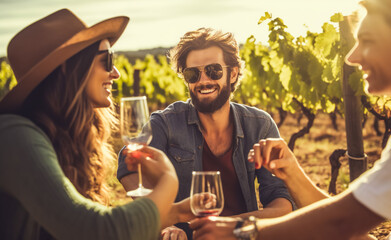 Friends toasting wine in a vineyard at daytime outdoors. Happy friends having fun outdoor. Young people enjoying harvest time together outside at farm house vineyard countryside. Autumn season, ai