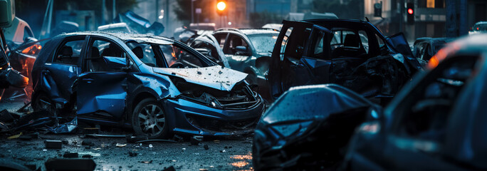 Multiple car crash night city emergency severe damage, Car crash dangerous accident on the road.  