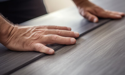 Obraz premium Hardwood Floor Renovation. Construction Worker Doing New Laminate Installation. Professional worker installing new parquet flooring indoors, closeup, digital ai