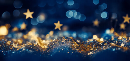 Abstract background with gold stars, particles and sparkling on navy blue. Christmas Golden light shine particles bokeh on navy blue background. 2024 New year background. Gold foil texture.