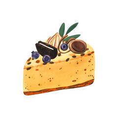 Watercolor dessert, piece mango mousse cake with decor. Hand-drawn illustration isolated on white background. Perfect food menu, food drawing, design packing, print
