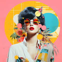 80s style pop collage illustration, fashion model with sunglasses, against vibrant pattern. Fashion, pop art, retro summer travel poster. Generative AI