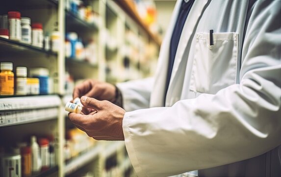 Doctor pharmacist in white coat holding medicine in drugstore, medical concept, generative ai