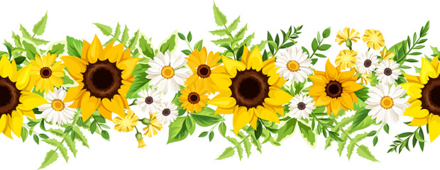 Floral seamless border with sunflowers, daisy flowers, and fern. Vector horizontal seamless garland