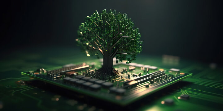 Ecological technological concept. Green tree growing on computer motherboard processor. Green computing, green IT in a technology environment. Realistic 3D illustration. Generative AI