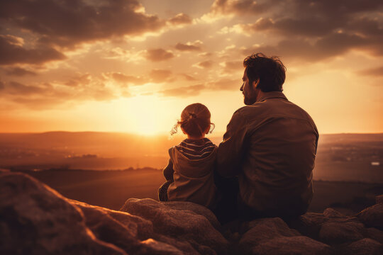 Father Sitting Next To Son Watching Sunset, Father's Day Celebration Image.