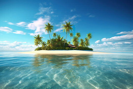 Tropical island with palm trees and sandy beach on sunny day. Isolated island with crystal clear waters, palm trees and beach with white sand in the middle of the ocean. Generative AI