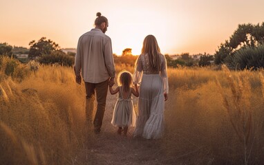 Mother father and daughter in nature at sunset, happy family concept, generative ai