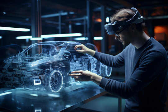 Automotive engineer working on 3D prototypes of electric cars using VR (Virtual Reality).