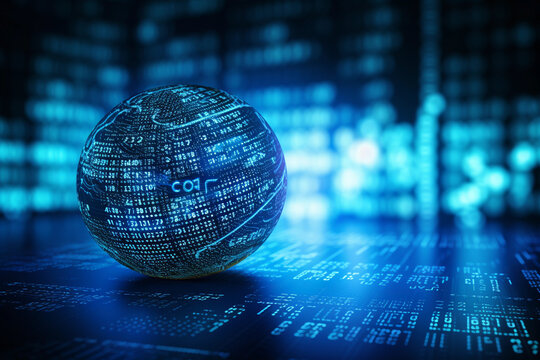 Bright Python programming language code on a digital blue surface with an overlay of sphere grid design infographics.