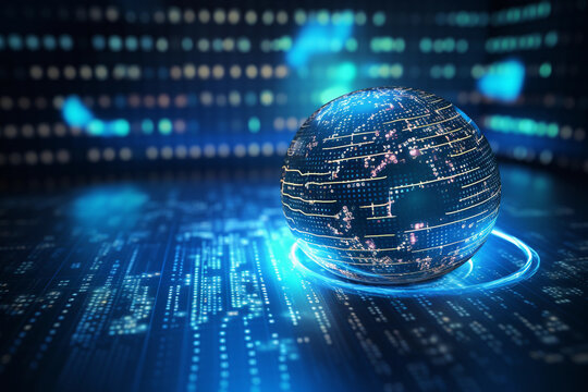 Bright Python programming language code on a digital blue surface with an overlay of sphere grid design infographics.