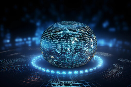 Bright Python programming language code on a digital blue surface with an overlay of sphere grid design infographics.