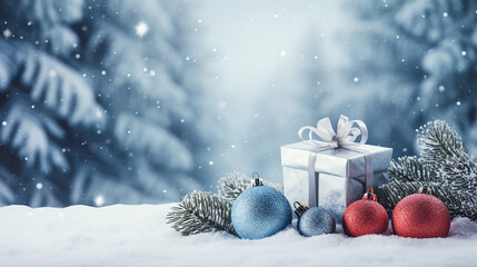 Christmas and New Year background with Christmas tree branches, Christmas toys, gift and snow. Light background, with space for text, close up.