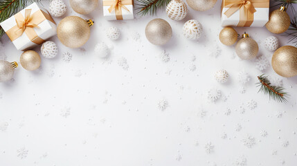 Fototapeta na wymiar Christmas and New Year background with Christmas tree branches, Christmas toys, gift and snow. Flat lay, light background and with space for text.