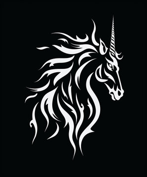 minimalist white unicorn on a black background