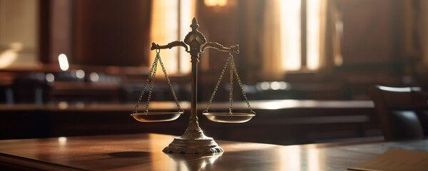 Scales of Justice in the dark Court Hall. Law concept of Judiciary, Jurisprudence and Justice. Copy space