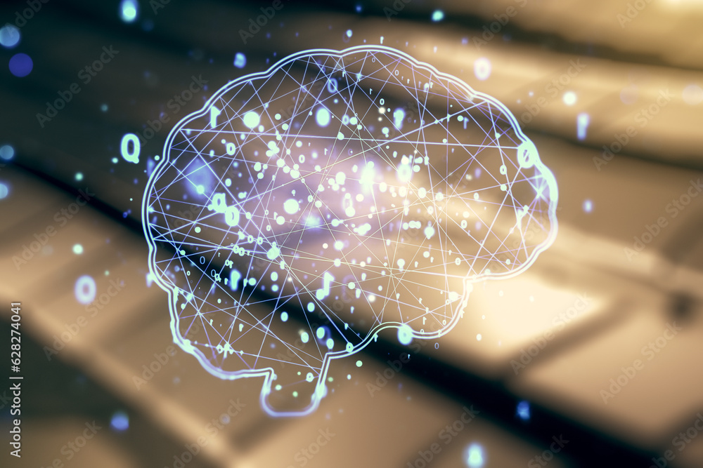 Aufkleber double exposure of creative human brain microcircuit hologram on shiny metal background. future tech