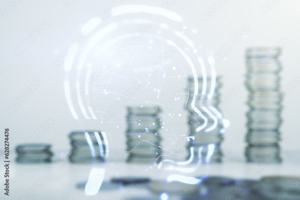 Poster abstract virtual artificial intelligence interface with human head hologram on stacks of coins backg