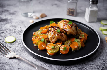 Moroccan spiced chicken with zucchini and carrots in a plate
