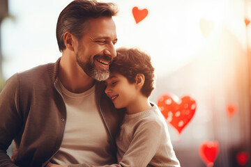 Father holding son smiling, Father's Day celebration image.