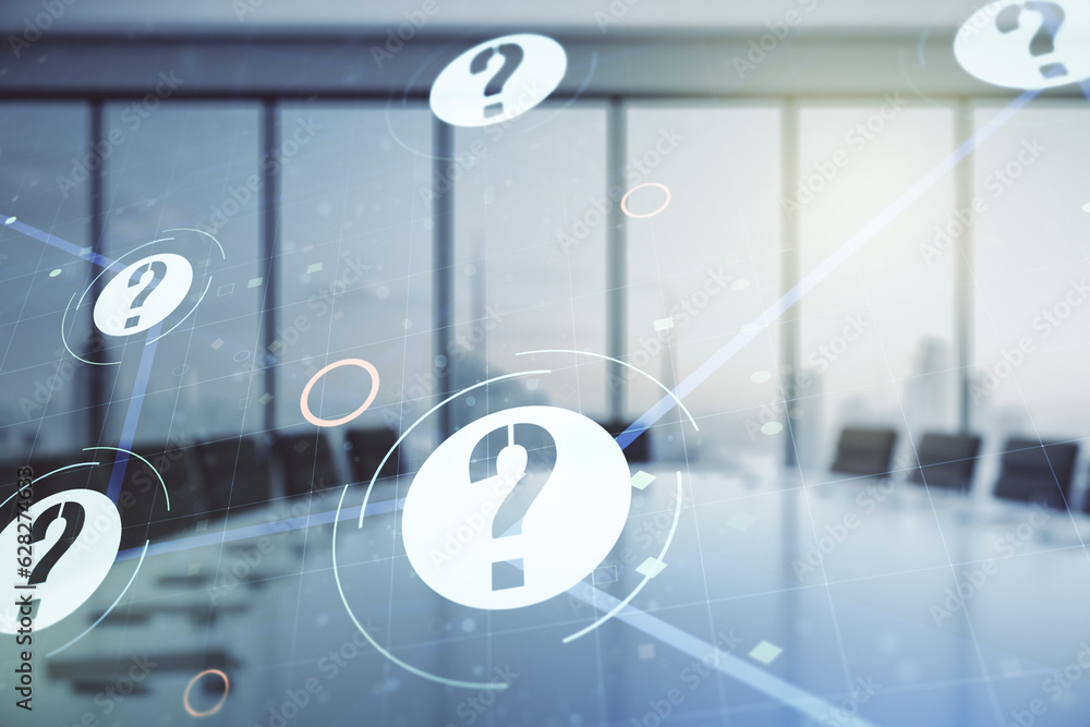 Aufkleber abstract virtual question mark hologram on a modern coworking room background, future technology con