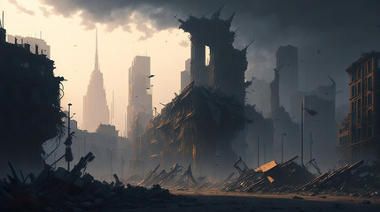 Illustration of a destroyed city at war. Generative AI.