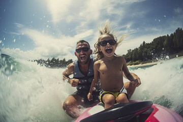 Excited child with father enjoying and racing on fast motor inflatable boat on water surface of river - obrazy, fototapety, plakaty