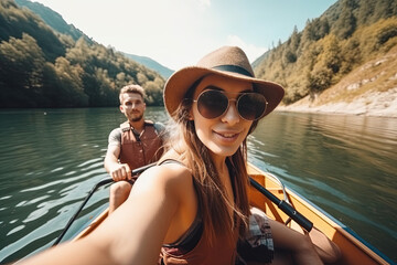 Selfie of young cute lovely couple in hat canoeing kayaking on river in boat on sunny summer day at nature outdoors