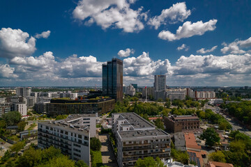 Fototapeta na wymiar Drone, Warsaw city, sky, clouds, green, landscape, buildings, urban design, traffic, park, view, summer, blue