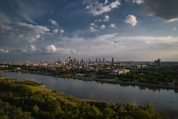 Fototapeta na wymiar Vistula river, Drone, Warsaw city, sky, clouds, green, landscape, buildings, urban design, traffic, park, view, summer, blue
