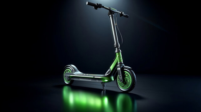 Green, generic, and futuristic electric kick scooter in an isolated background, eco-friendly mobility solution for towns with sustainable green energy concept