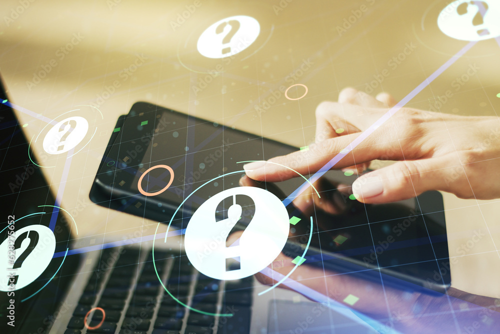 Aufkleber creative concept of question mark illustration and finger clicks on a digital tablet on background. 