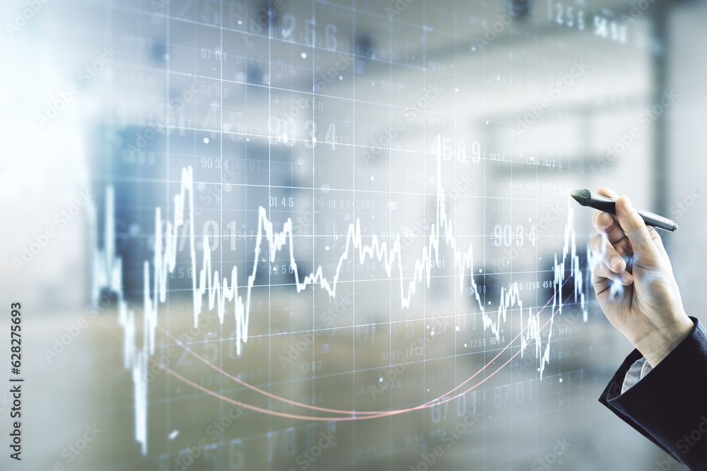 Poster multi exposure of man hand with pen working with abstract virtual financial graph on blurred office 