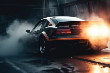 Fototapeta na wymiar Car drifting burning tires on speed track, AI generated