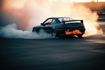 Fototapeta na wymiar Car drifting burning tires on speed track, AI