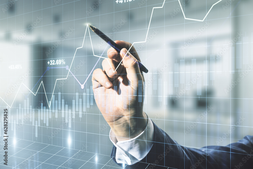 Aufkleber man hand with pen working with abstract virtual financial graph on blurred office background, financ