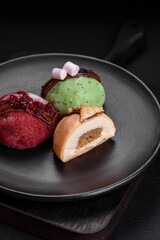 Delicious sweet colorful mochi desserts or ice cream with rice dough and toppings