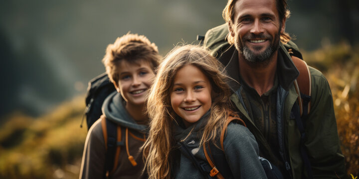Aktive Familien wandert im Wald oder Park mit Herbst Hintergrund und haben Spaß dabei.