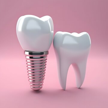 an implant and a tooth on a pink background, in the style of light sky-blue and dark silver, photorealistic renderings, princesscore, white background, sanriocore, transfer, close up