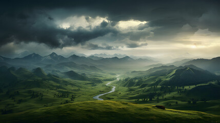 Fototapeta premium Majestic Serenity - Cinematic Wonder of Rolling Hills and Dramatic Sky | Generative AI