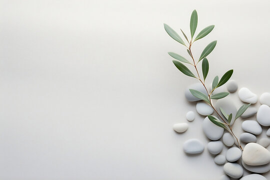 Natural Harmony: Sage Twig and Pebble Rocks on Sand - Serene Botanical Background