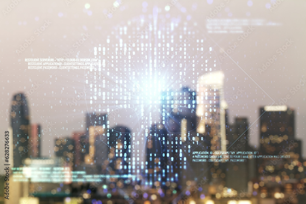 Poster abstract virtual creative code skull hologram on blurry office buildings background, theft of person