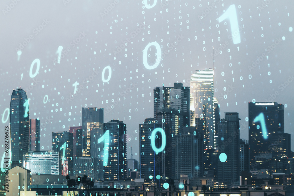 Leinwandbilder double exposure of abstract virtual binary code hologram on los angeles city skyscrapers background.