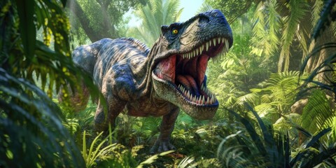 Fantasy image of tyrannosaurus in the jungle. Fantastic. High quality illustration. Generative AI