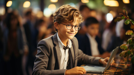 Cute schoolboy in eyeglasses sitting at table with laptop in school cafe.