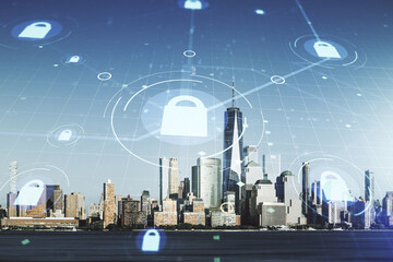 Virtual creative lock symbol and microcircuit illustration on New York city skyline background. Protection and firewall concept. Multiexposure